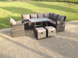 Fimous 9 Seater High Back Dark Mixed Grey Rattan Corner Sofa Set Outdoor Furniture Rectangular Dining Table 2 Footstools Chair