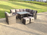 Fimous 9 Seater High Back Dark Mixed Grey Rattan Corner Sofa Set Outdoor Furniture Rectangular Dining Table 2 Footstools Chair