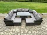 Fimous 11 Seater Garden Dining Sets Outdoor Rattan Furniture Lounge Sofa Height Adjustable Rising lifting Table With 2 Side Tables 2 Big Footstool Dark Grey Mixed