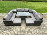 Fimous 11 Seater Garden Dining Sets Outdoor Rattan Furniture Lounge Sofa Height Adjustable Rising lifting Table With 2 Side Tables 2 Big Footstool Dark Grey Mixed