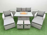 Fimous PE Rattan Lounge Sofa Set 9 Seater Outdoor Garden Furniture Set with Gas Firepit Table 3 Seater Sofa 2 Big Footstools 2 Side Tables Light Grey