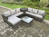 Fimous 7 Seater Rattan Garden Furniture Sofa Set with Side Table Square Coffee Table Big Footstool Indoor Outdoor Rattan Set Dark Grey Mixed
