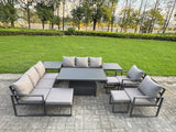 Fimous 10 Piece Garden Furniture Set 11-Seater Aluminium Outdoor Dining Set with Adjustable Rising Lifting Dining Table & Cushions 2 Side Tables 3 Footstools Dark Grey