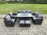 Fimous Garden Patio Furniture Wicker Rattan Gas Fire Pit Table and Sofa Chair set with 2 Small Footstools Dark Grey Mixed