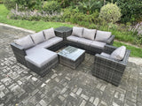 Fimous Rattan Garden Furniture Sofa Set with Armchair Side Table Square Coffee Table Big Footstool Indoor Side Table Outdoor 8 Seater Rattan Set Dark Grey Mixed