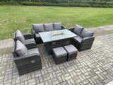 Fimous Garden Patio Furniture Wicker Rattan Gas Fire Pit Table and Sofa Chair set with 2 Small Footstools Dark Grey Mixed