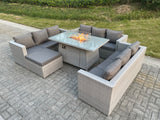Fimous Light Grey U Shape Lounge Sofa Dining Set With Gas Fire Pit Rattan Garden Furniture Set Heater Burner Big Footstool