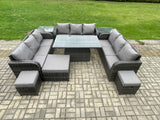 Fimous 12 Seater Garden Dining Sets Outdoor Rattan Furniture Lounge Sofa Height Adjustable Rising lifting Table With 2 Side Tables 3 Footstools Dark Grey Mixed