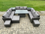 Fimous 12 Seater Garden Dining Sets Outdoor Rattan Furniture Lounge Sofa Height Adjustable Rising lifting Table With 2 Side Tables 3 Footstools Dark Grey Mixed