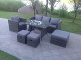 Fimous Dark Mixed Grey Rattan Garden Outdoor Sofa Set Chair Rectangular Dining Table Big Footstool 2 Small Footstools 7 Seater