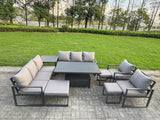 Fimous 9 Piece Garden Furniture Set 11-Seater Aluminium Outdoor Dining Set with Adjustable Rising Lifting Dining Table & Cushions Side Table 3 Footstools Dark Grey