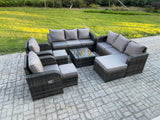 Fimous High Back Rattan Garden Furniture Set with Square Coffee Table 3 Footstools Indoor Outdoor Patio Lounge Sofa Set Dark Grey Mixed