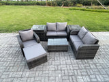 Fimous High Back Rattan Garden Furniture Set with Loveseat Sofa Rectangular Coffee Table 2 Side Tables Big Footstool Indoor Outdoor Patio Lounge Sofa Set Dark Grey Mixed