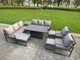 Fimous 9 Piece Garden Furniture Set 11-Seater Aluminium Outdoor Dining Set with Adjustable Rising Lifting Dining Table & Cushions Side Table 3 Footstools Dark Grey