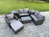 Fimous High Back Rattan Garden Furniture Set with Loveseat Sofa Rectangular Coffee Table 2 Side Tables Big Footstool Indoor Outdoor Patio Lounge Sofa Set Dark Grey Mixed