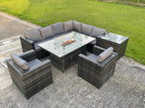 Fimous Outdoor Rattan Garden Corner Furniture Gas Fire Pit Dining Table Gas Heater Sets 8 Seater Lounge Chairs Side Table Dark Grey