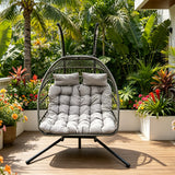 Fimous Rattan Garden Hammock Double Hanging Egg Chair Indoor Outdoor Patio Furniture with Grey Cushion