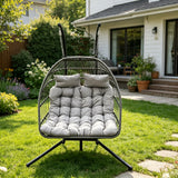 Fimous Rattan Garden Hammock Double Hanging Egg Chair Indoor Outdoor Patio Furniture with Grey Cushion
