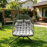 Fimous Rattan Garden Hammock Double Hanging Egg Chair Indoor Outdoor Patio Furniture with Grey Cushion
