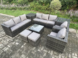 Fimous Outdoor Rattan Garden Furniture Set 10 Seater Patio Lounge Sofa Set with 2 Armchairs Square Coffee Table 2 Side Tables 2 Small Footstool Dark Grey Mixed