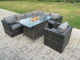 Fimous Outdoor Rattan Garden Corner Furniture Gas Fire Pit Dining Table Gas Heater Sets Lounge Chair Dark Grey 7 Seater