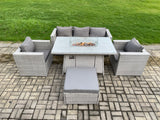 Fimous Outdoor PE Rattan Garden Furniture Gas Fire Pit Dining Table Armchairs With Big Footstool Light Grey