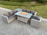 Fimous Light Grey Corner Rattan FirePit Garden Furniture Set Gas Heater Burner Lounge Sofa With Side Coffee Table And Chair