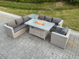 Fimous Light Grey Corner Rattan FirePit Garden Furniture Set Gas Heater Burner Lounge Sofa With Side Coffee Table And Chair