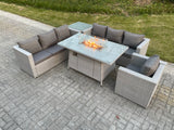 Fimous Light Grey Corner Rattan FirePit Garden Furniture Set Gas Heater Burner Lounge Sofa With Side Coffee Table And Chair