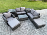 Fimous High Back Rattan Garden Furniture Set with Loveseat Sofa Rectangular Coffee Table 2 Big Footstool 2 Side Tables Indoor Outdoor Patio Lounge Sofa Set Dark Grey Mixed