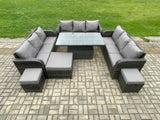 Fimous Patio Garden Dining Set Outdoor Rattan Furniture Lounge Sofa Height Adjustable Rising lifting Table With Big Footstool 2 Small Footstools Dark Grey Mixed