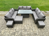 Fimous Patio Garden Dining Set Outdoor Rattan Furniture Lounge Sofa Height Adjustable Rising lifting Table With Big Footstool 2 Small Footstools Dark Grey Mixed