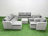 Fimous PE Rattan High Back Lounge Sofa Set Patio Square Coffee Table & Chairs Set with 3 Seater Sofa Reclining Chair 3 Stools 2 Side Table Light Grey