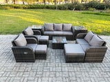 Fimous 10 Seater Garden Furniture Set Rattan Outdoor Lounge Sofa Chair With Tempered Glass Table 3 Footstools 2 Side Tables Dark Grey Mixed