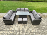 Fimous Patio Garden Dining Set Outdoor Rattan Furniture Lounge Sofa Height Adjustable Rising lifting Table With 2 Small Footstools Dark Grey Mixed