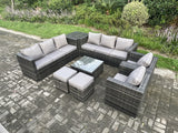 Fimous Rattan Garden Furniture Sofa Set with 2 Armchairs Square Coffee Table Side Table 2 Small Footstools Indoor Side Table 10 Seater Outdoor Rattan Set Dark Grey Mixed