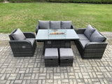 Fimous Wicker Rattan Garden Furniture Set with Fire Pit Table 8 Seater Outdoor Lounge Sofa Set Dark Grey Mixed