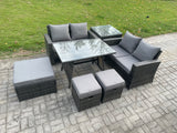 Fimous 7 Seater Garden Dining Set Wicker PE Rattan Outdoor Furniture Sofa with Rectangular Dining Table Double Seat Sofa 3 Footstools Side Table Dark Grey Mixed