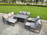 Fimous 8 Piece Garden Furniture Set 11-Seater Aluminium Outdoor Dining Set with Adjustable Rising Lifting Dining Table & Cushions 3 Footstools Dark Grey