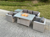 Fimous Light Grey Corner Rattan Garden Furniture Set Gas Fire Pit Dining Set Heater Lounge Sofa Side Coffee Table Armchairs