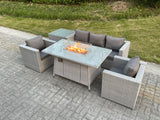 Fimous Light Grey Corner Rattan Garden Furniture Set Gas Fire Pit Dining Set Heater Lounge Sofa Side Coffee Table Armchairs
