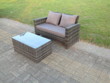 Fimous Dark Mixed Grey High Back Rattan Garden Furniture 2 Seater Love Seat Sofa With Oblong Coffee Table