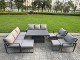 Fimous 8 Piece Garden Furniture Set 11-Seater Aluminium Outdoor Dining Set with Adjustable Rising Lifting Dining Table & Cushions 3 Footstools Dark Grey