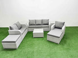 Fimous Patio PE Wicker 8 Seater Outdoor Rattan Furniture Sofa Sets with Square Coffee Table Reclining Chair Loveseat Sofa 3 Seater Sofa 2 Big Footstools 2 Side Table  Light Grey