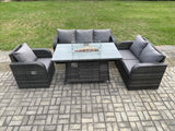 Fimous Rattan Garden Furniture Set with Fire Pit Table 6 Seater Outdoor Lounge Sofa Set Dark Grey Mixed