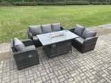 Fimous Rattan Garden Furniture Set with Fire Pit Table 6 Seater Outdoor Lounge Sofa Set Dark Grey Mixed
