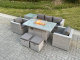 Fimous Rattan Garden Furniture Set Gas Fire Pit Lounge Sofa Chair Dining Set With Side Table And 2 PC Arm Chair Stools