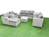 Fimous PE Rattan Garden Furniture Set Adjustable Chair Sofa Double Love Seat 2 Seater Sofa Lounge Set Square Coffee Table Big Footstool Side Table Light Grey