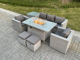 Fimous Rattan Garden Furniture Set Gas Fire Pit Lounge Sofa Chair Dining Set With Side Table And 2 PC Arm Chair Stools
