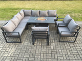 Fimous Aluminium 9 Pieces Garden Furniture Corner Sofa Set with Cushions Gas Fire Pit Dining Table Set Gas Heater Burner with 3 Chairs Dark Grey